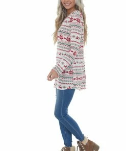 HEIMISH Vanilla Holiday Print V Neck Knit Top Tops