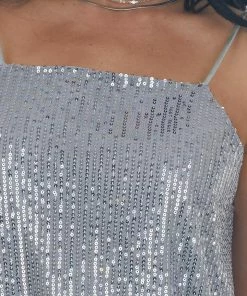 143 Story Steel Sequin Square Neck Adjustable Strap Tank Tops