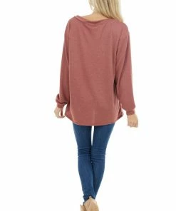 BiBi Tops Marsala Long Sleeve Knit Top With Lace Up V Neck Detail