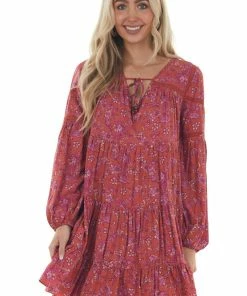 Easel Rust Floral Print Mini Dress With Long Sleeves Dresses
