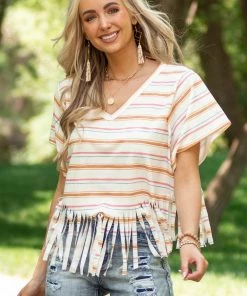 Peach Love Cream Multicolor Striped Fringed Hem Knit Top
