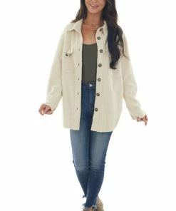 Kori America Cream Shearling Texture Button Up Shirt Jacket Tops