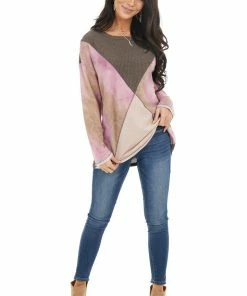 BiBi Tops Taupe And Blush Colorblock Long Sleeve Top With Tie Dye 29 BiBi Tops Taupe And Blush Colorblock Long Sleeve Top With Tie Dye