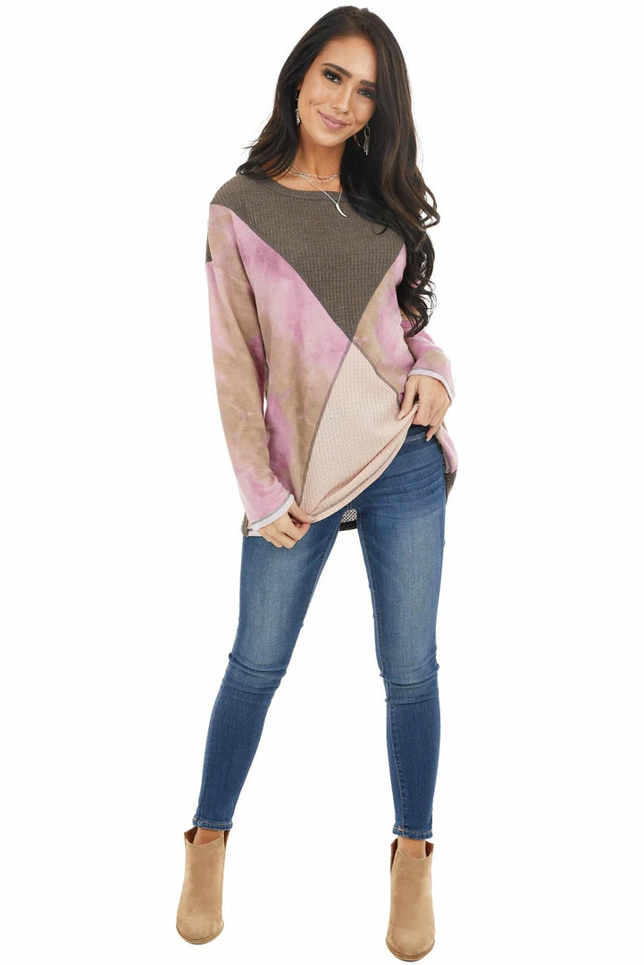 BiBi Tops Taupe And Blush Colorblock Long Sleeve Top With Tie Dye 14 BiBi Tops Taupe And Blush Colorblock Long Sleeve Top With Tie Dye
