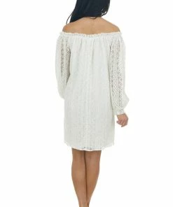 SugarFox Ivory Off The Shoulder Lace Short Dress