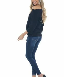 First Love Black Waffle Knit Boat Neck Top With Tie Tops