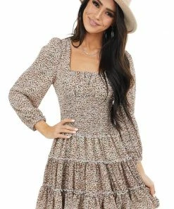 Bighit Fashion Pine Floral Print Ruffle Tiered Dress With Smocked Waist