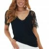 POL Clothing Tops Black V Neck Short Sleeve Top With Lace Detail 1 POL Clothing Tops Black V Neck Short Sleeve Top With Lace Detail