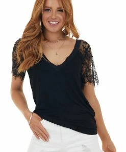 POL Clothing Tops Black V Neck Short Sleeve Top With Lace Detail
