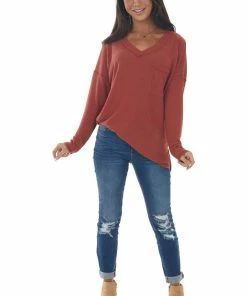 Reborn J Tops Rust V Neck Waffle Knit Top With Chest Pocket
