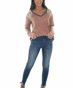 Easel Tops Rust Multiprint Knit Top With Raw Edge Detail