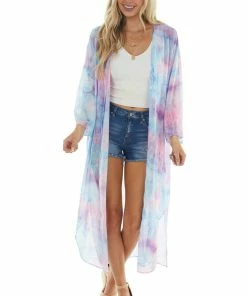 Ninexis Sky Blue Tie Dye Open Front Chiffon Kimono Tops