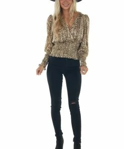 Do + Be Beige Leopard Print Surplice Smocked Blouse 32 Do + Be Beige Leopard Print Surplice Smocked Blouse