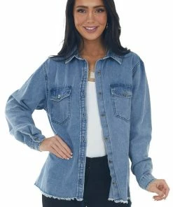 Umgee Medium Wash Button Up Frayed Hem Denim Top