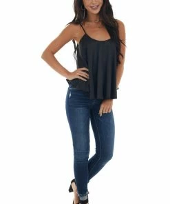 She + Sky Black Satin Flowy Round Neckline Tank Top Tops