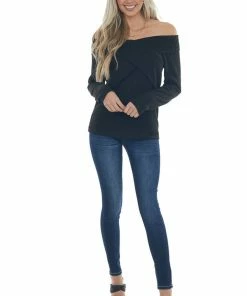BiBi Black Criss Cross Brushed Waffle Knit Top