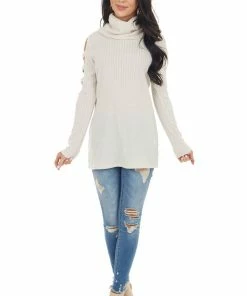 Lovely Melody Oatmeal Ribbed Knit Long Ladder Sleeve Cowl Neck Top Tops