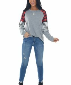 Shewin Heather Grey Knit Top With Multiprint Sleeves