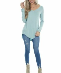 ZENANA Arctic Blue Rounded Hem V Neck Soft Knit Top 26 ZENANA Arctic Blue Rounded Hem V Neck Soft Knit Top