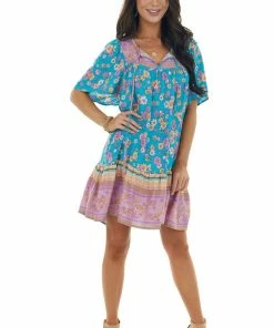 Umgee Dresses Teal Floral Print Short Dress With Front Tie