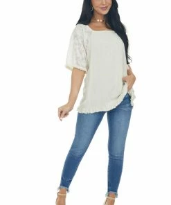 Umgee Oatmeal Floral Textured Mesh Sleeve Blouse