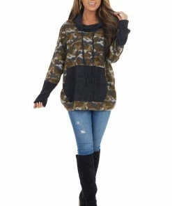 BucketList Olive Camo Print Pullover With Cowl Neck And Kangaroo Pouch