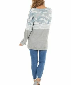 Vanilla Bay Tops Heather Grey Multiprint Long Sleeve Knit Top With Wide Neck 29 Vanilla Bay Tops Heather Grey Multiprint Long Sleeve Knit Top With Wide Neck