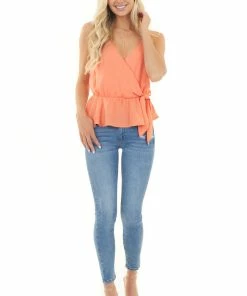 She + Sky Bright Coral Peplum Tank Top With Surplice Neckline And Tie Tops