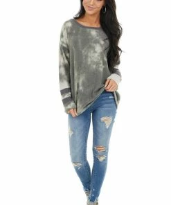 Vanilla Bay Hunter Green Tie Dye Long Sleeve Ribbed Hemline Knit Top Tops