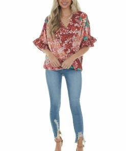 Umgee Dark Rust Multiprint Short Sleeve Surplice Top Tops