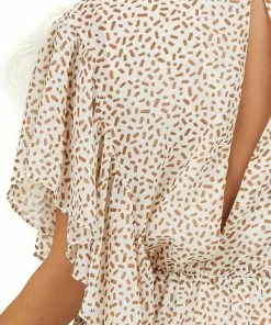 BiBi Dresses Ivory Printed Surplice Dress With Ruffle Sleeves And Hemline
