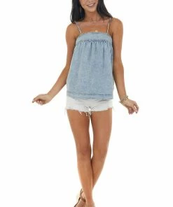 Entro Light Chambray Sleeveless Babydoll Tank Top Tops