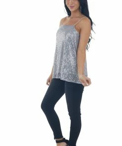 143 Story Steel Sequin Square Neck Adjustable Strap Tank Tops