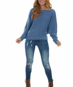 She + Sky Hazy Blue Dolman Sleeve Fleece Waffle Knit Top