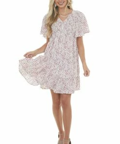 Jodifl Mauve Spotted Smocked Bodice Babydoll Dress