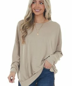 Fantastic Fawn Latte Banded Hemline French Terry Knit Top Tops