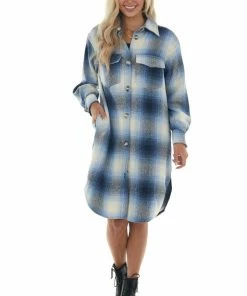 Sweet Lovely Outerwear Powder Blue Plaid Button Up Long Coat