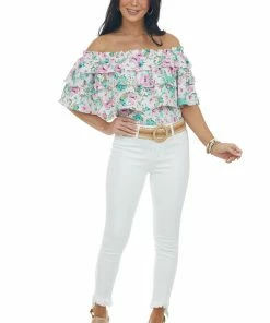 Entro Aquamarine Floral Off Shoulder Overlay Blouse