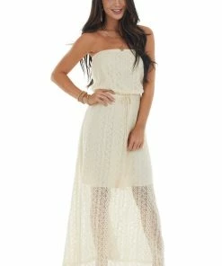 143 Story Champagne Strapless Front Tie Lace Maxi Dress Dresses