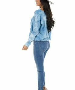 Umgee Powder Blue Tie Dye Long Sleeve Top With Elastic Hemline