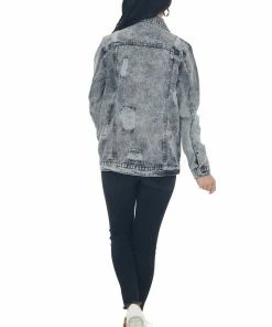 Shewin Black Acid Washed Distressed Denim Jacket