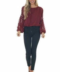 Peach Love Tops Maroon Jacquard Bubble Sleeve Cropped Blouse
