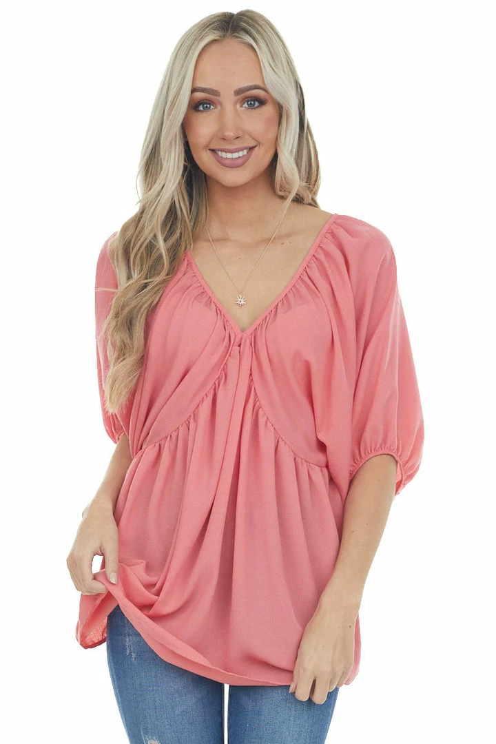 Lovely J Watermelon Pink Loose Fit Babydoll Top Tops 10 Lovely J Watermelon Pink Loose Fit Babydoll Top Tops