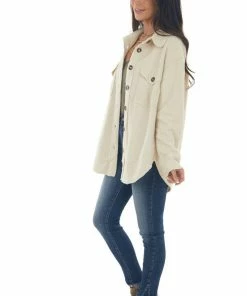 Kori America Cream Shearling Texture Button Up Shirt Jacket Tops