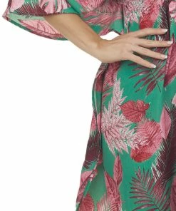 Entro Jade And Hibiscus Leaf Print Half Sleeve Dress