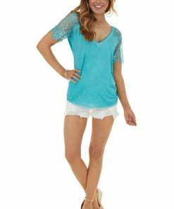 POL Clothing Tops Teal V Neck Short Sleeve Top With Lace Detail