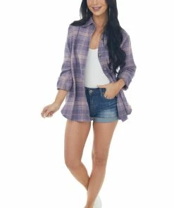 Blue B Lavender And Baby Pink Plaid Flannel Top Tops
