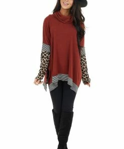 First Love Rust Multiprint Ribbed Long Sleeve Top With Cowl Neck Tops