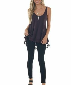 ANGIE Eggplant Knit Tank Top With Scalloped Lace Hemline Tops