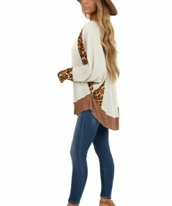 Umgee Cream Long Sleeve Waffle Knit Top With Leopard Contrast